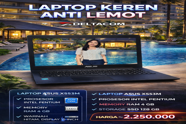 ASUS X553M , TYPE BARU BODY SLIM, PROSESOR INTEL PENTIUM MEMORY RAM 4 GB STORAGE SSD 128 GB DISPLAY 15 INCH MULUS , WARNA HITAM , LECET SDIKIT ,